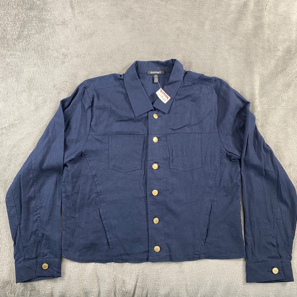 Ellen Tracy Jacket Womens XL Navy Blue Linen Blend Utility Gold Button ETWS4121